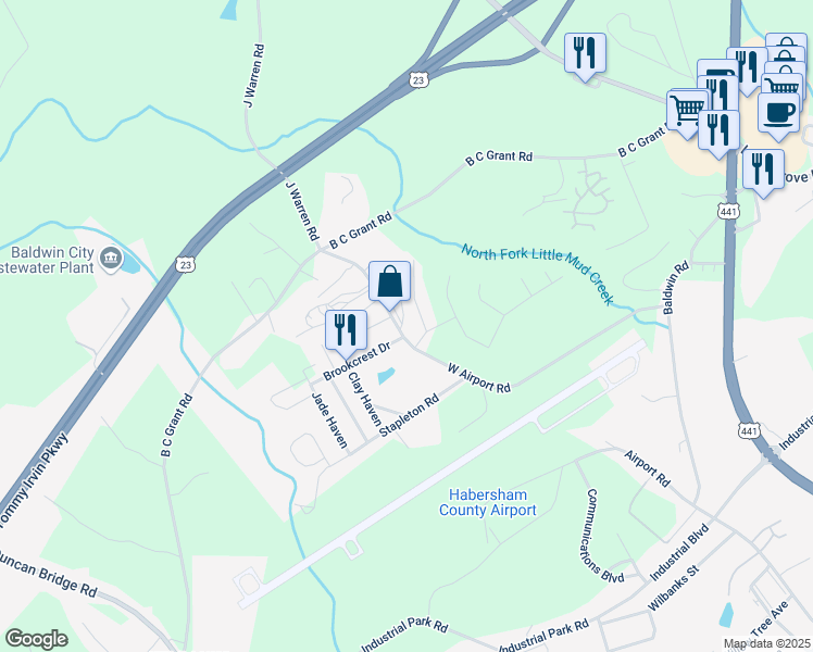 map of restaurants, bars, coffee shops, grocery stores, and more near 831 West Airport Road in Cornelia