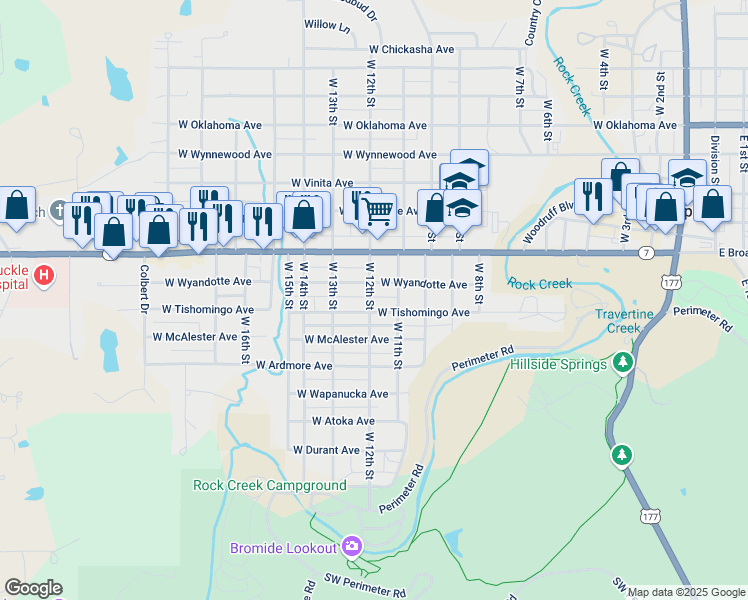 map of restaurants, bars, coffee shops, grocery stores, and more near 1212 West Tishomingo Avenue in Sulphur
