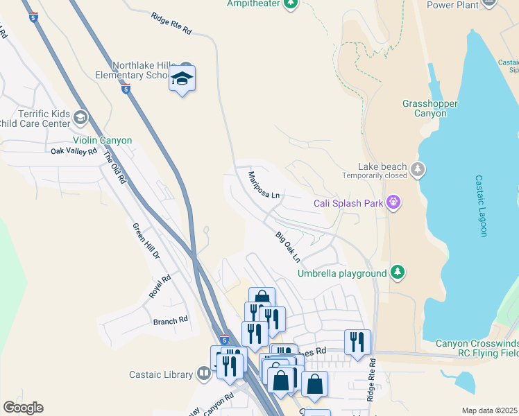 map of restaurants, bars, coffee shops, grocery stores, and more near Ridge Route Road in Castaic