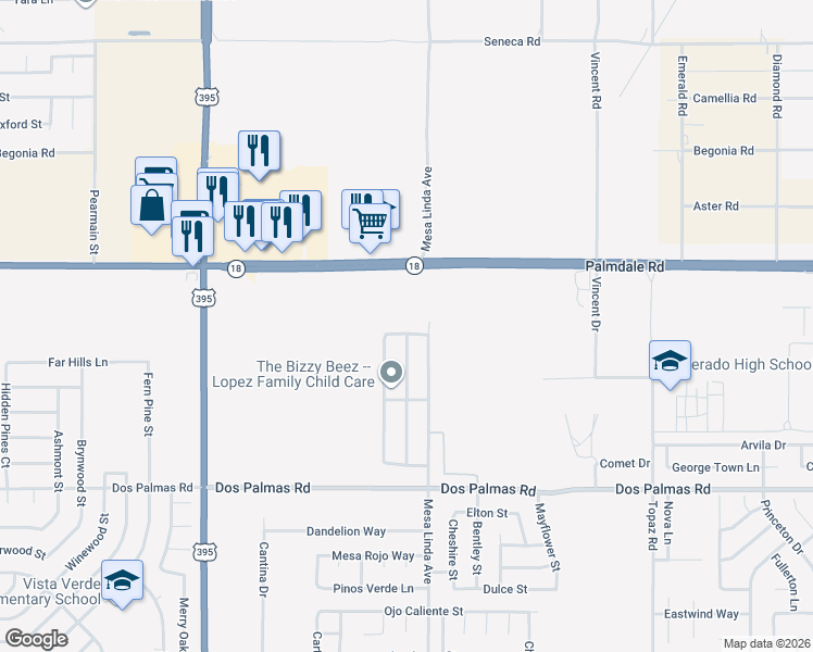 map of restaurants, bars, coffee shops, grocery stores, and more near 12466 Camino Alto Way in Victorville