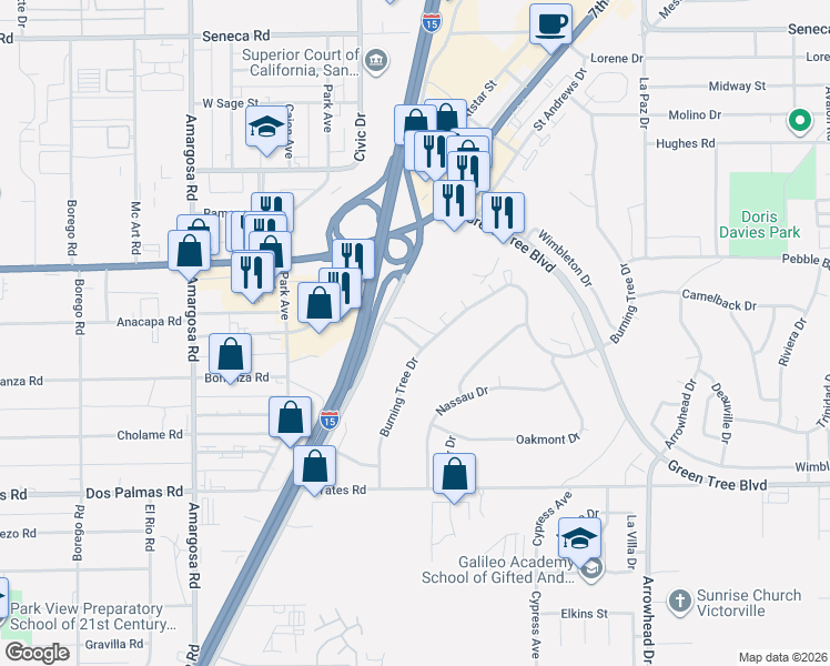 map of restaurants, bars, coffee shops, grocery stores, and more near 15688 Kingswood Drive in Victorville