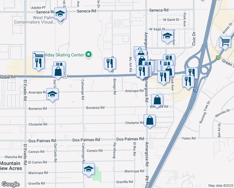 map of restaurants, bars, coffee shops, grocery stores, and more near 15109 Borego Road in Victorville