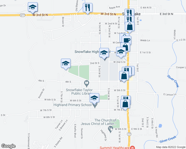 map of restaurants, bars, coffee shops, grocery stores, and more near 369 West 3rd Street South in Snowflake
