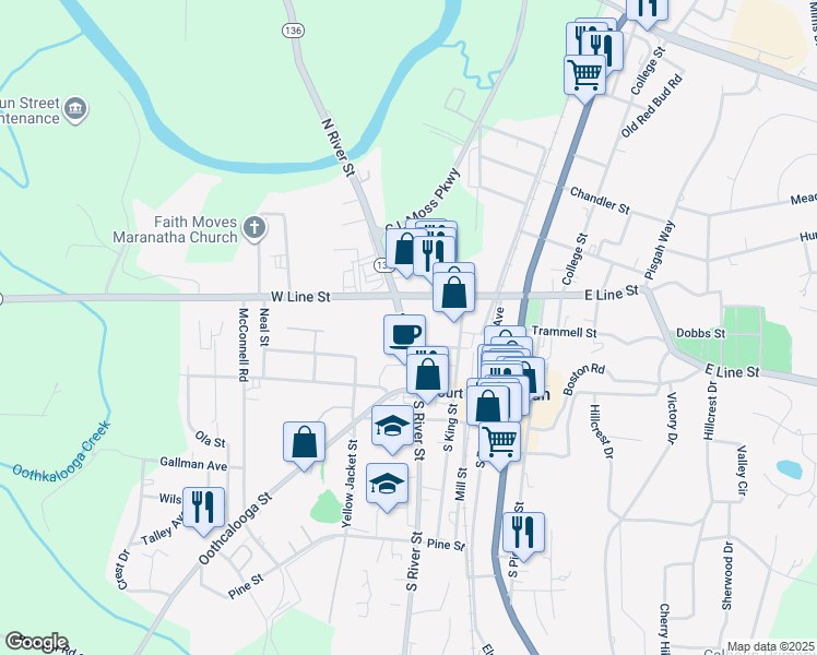 map of restaurants, bars, coffee shops, grocery stores, and more near 207 North River Street in Calhoun