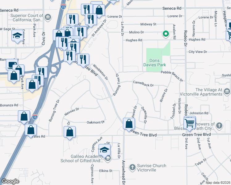 map of restaurants, bars, coffee shops, grocery stores, and more near Wimbleton Drive in Victorville