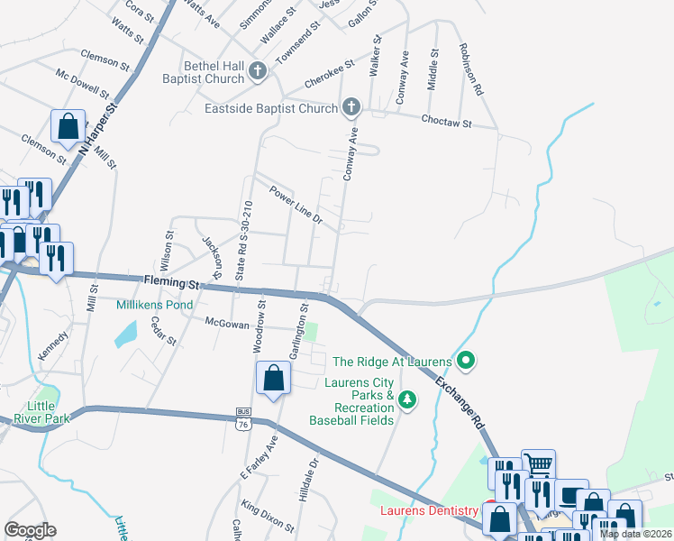 map of restaurants, bars, coffee shops, grocery stores, and more near 404 Conway Avenue in Laurens