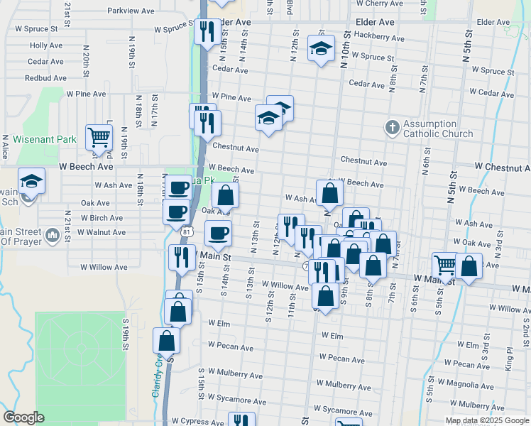 map of restaurants, bars, coffee shops, grocery stores, and more near 1216 West Oak Avenue in Duncan