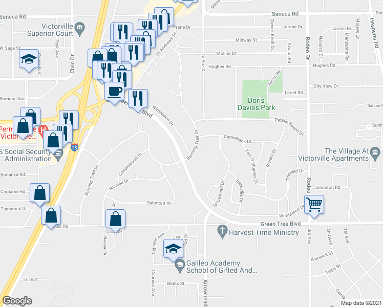 map of restaurants, bars, coffee shops, grocery stores, and more near 14598 Burning Tree Drive in Victorville