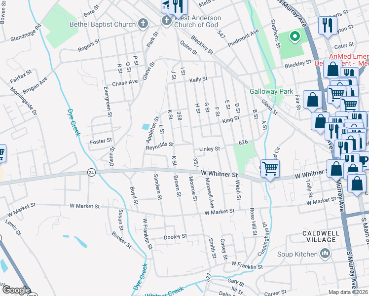 map of restaurants, bars, coffee shops, grocery stores, and more near 119 Reynolds Street in Anderson