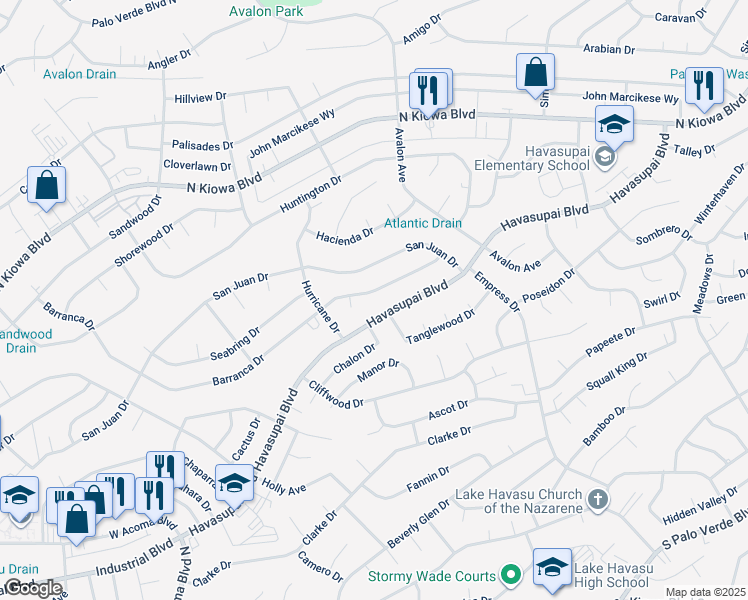 map of restaurants, bars, coffee shops, grocery stores, and more near 2524 Barranca Drive in Lake Havasu City