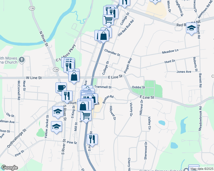 map of restaurants, bars, coffee shops, grocery stores, and more near 218 Trammell Street in Calhoun