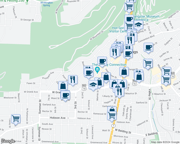 map of restaurants, bars, coffee shops, grocery stores, and more near 705 Quapaw Avenue in Hot Springs