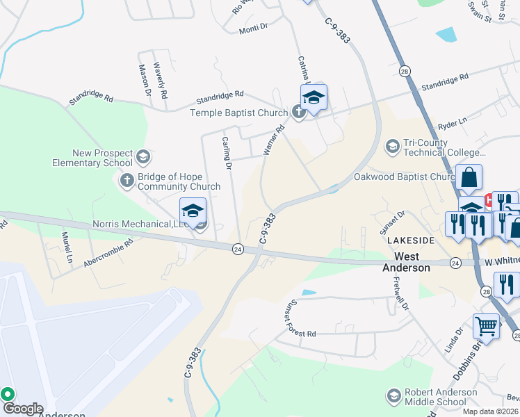 map of restaurants, bars, coffee shops, grocery stores, and more near 109 Warner Road in Anderson