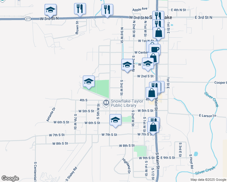 map of restaurants, bars, coffee shops, grocery stores, and more near 369 West 3rd Street South in Snowflake