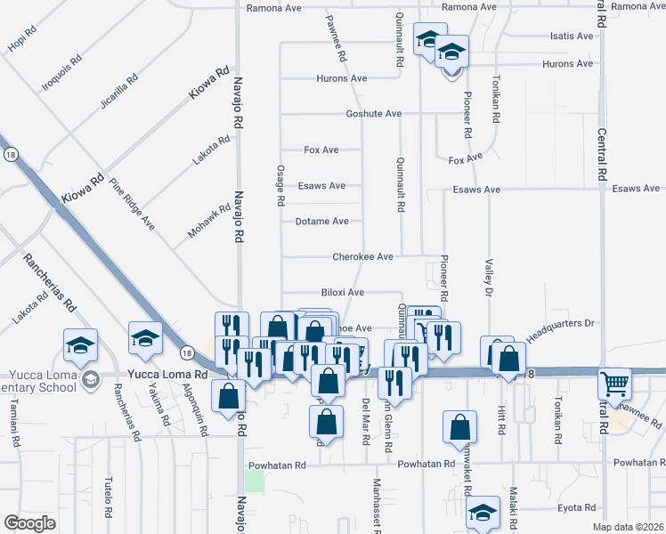 map of restaurants, bars, coffee shops, grocery stores, and more near 21909 Cherokee Avenue in Apple Valley