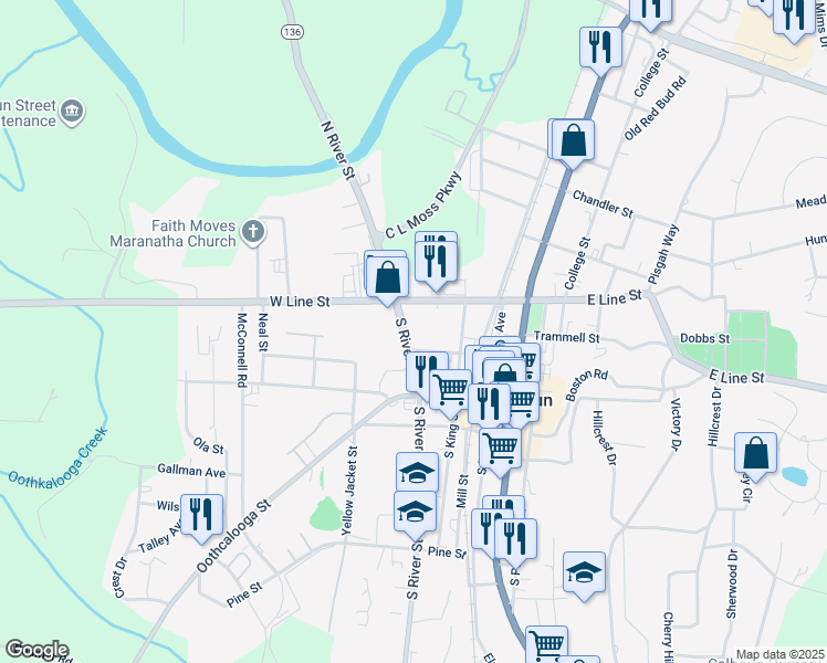 map of restaurants, bars, coffee shops, grocery stores, and more near 207 North River Street in Calhoun