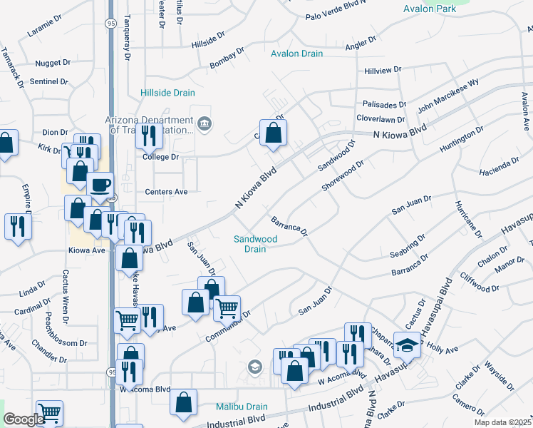 map of restaurants, bars, coffee shops, grocery stores, and more near 2066 Sandwood Drive in Lake Havasu City