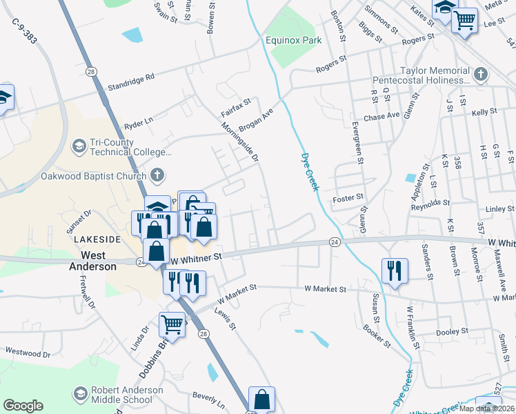 map of restaurants, bars, coffee shops, grocery stores, and more near 119 Chapel Avenue in Anderson