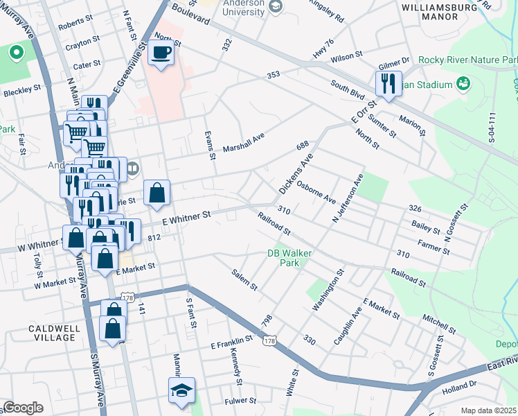 map of restaurants, bars, coffee shops, grocery stores, and more near 602 East Whitner Street in Anderson