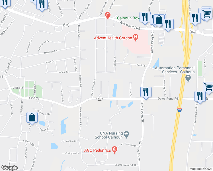 map of restaurants, bars, coffee shops, grocery stores, and more near 112 Towne Lake Drive Northeast in Calhoun