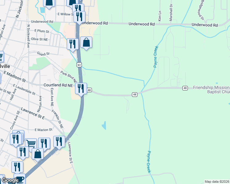 map of restaurants, bars, coffee shops, grocery stores, and more near 235-301 County Road 48 in Russellville