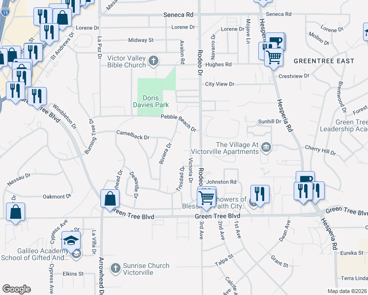 map of restaurants, bars, coffee shops, grocery stores, and more near 13952 Victoria Court in Victorville