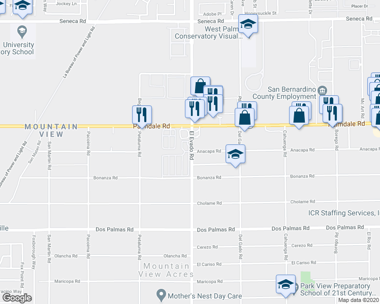 map of restaurants, bars, coffee shops, grocery stores, and more near 14517 Anacapa Road in Victorville