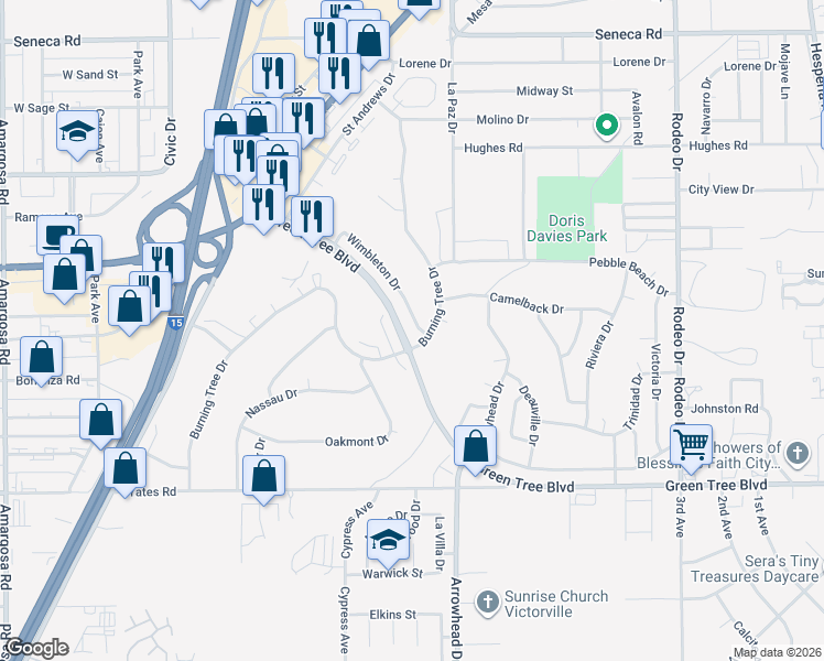 map of restaurants, bars, coffee shops, grocery stores, and more near 13984 Wimbleton Drive in Victorville