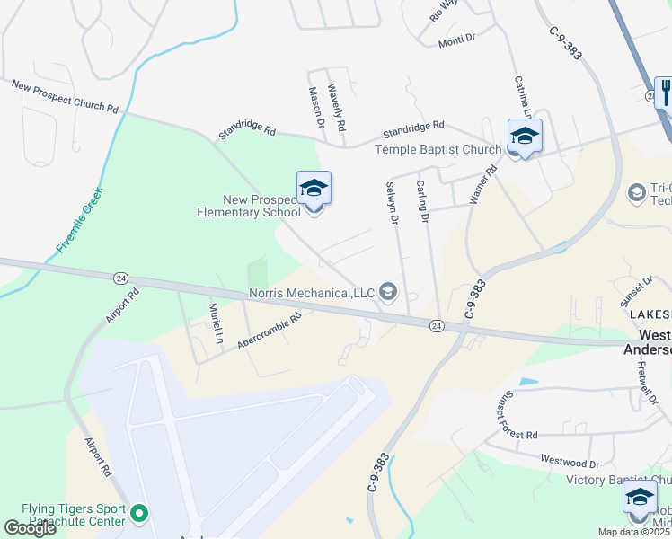 map of restaurants, bars, coffee shops, grocery stores, and more near 126 New Prospect Church Road in Anderson