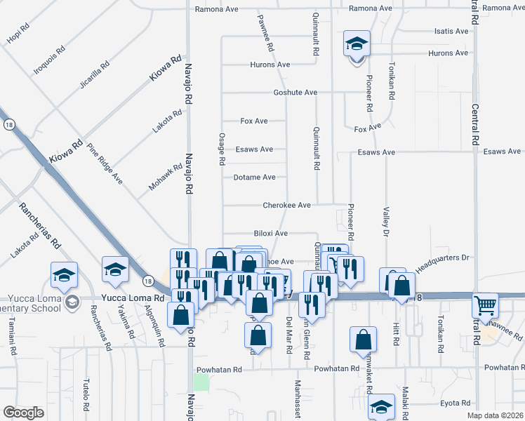 map of restaurants, bars, coffee shops, grocery stores, and more near 21909 Cherokee Avenue in Apple Valley