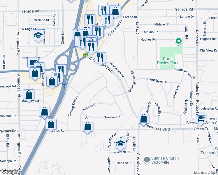 map of restaurants, bars, coffee shops, grocery stores, and more near 13908 Burning Tree Drive in Victorville