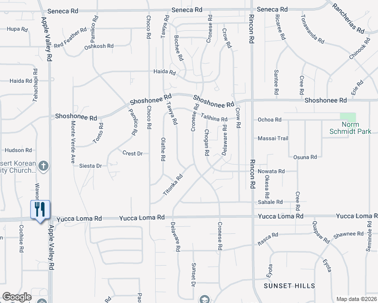 map of restaurants, bars, coffee shops, grocery stores, and more near 13954 Cronese Road in Apple Valley