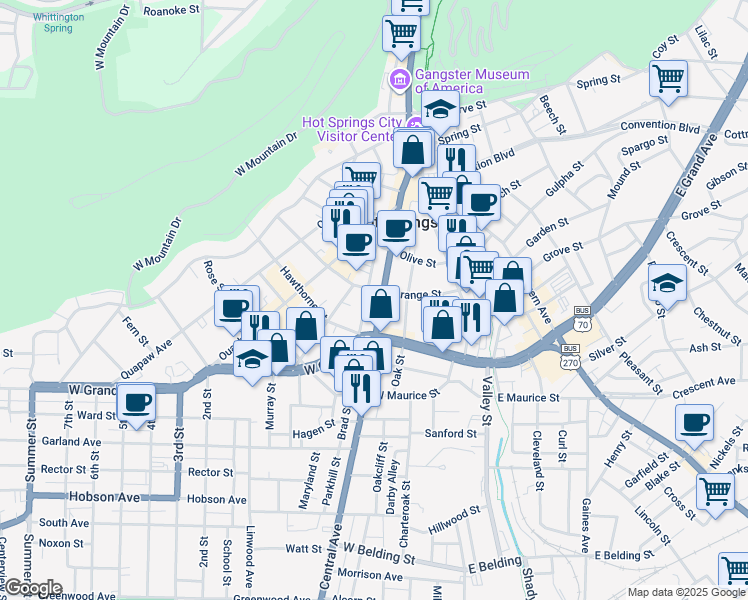map of restaurants, bars, coffee shops, grocery stores, and more near 1100 Central Avenue in Hot Springs