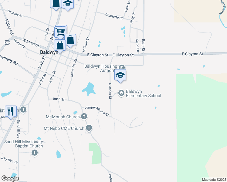 map of restaurants, bars, coffee shops, grocery stores, and more near 515 Bender Circle in Baldwyn