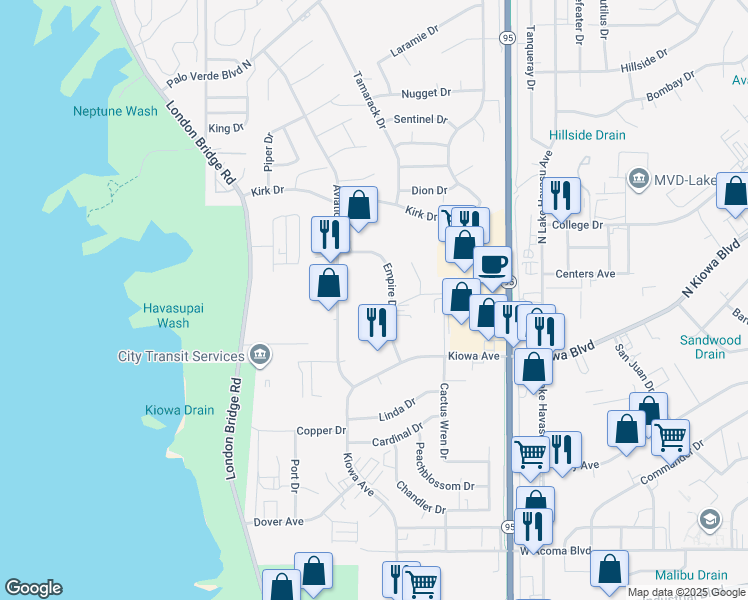 map of restaurants, bars, coffee shops, grocery stores, and more near 1055 Empire Drive in Lake Havasu City