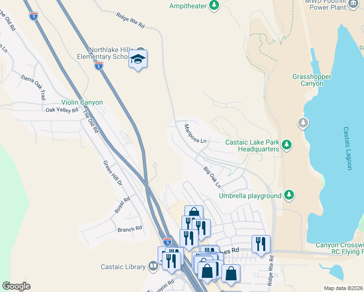 map of restaurants, bars, coffee shops, grocery stores, and more near 32246 Big Oak Lane in Castaic