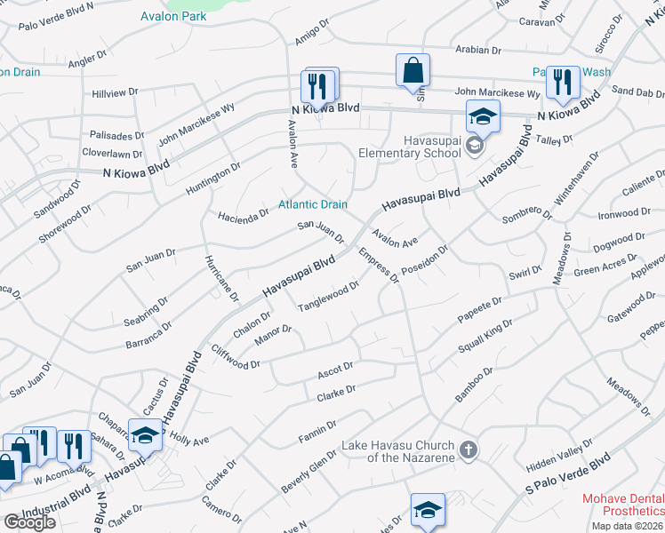 map of restaurants, bars, coffee shops, grocery stores, and more near 2619 Tanglewood Place in Lake Havasu City