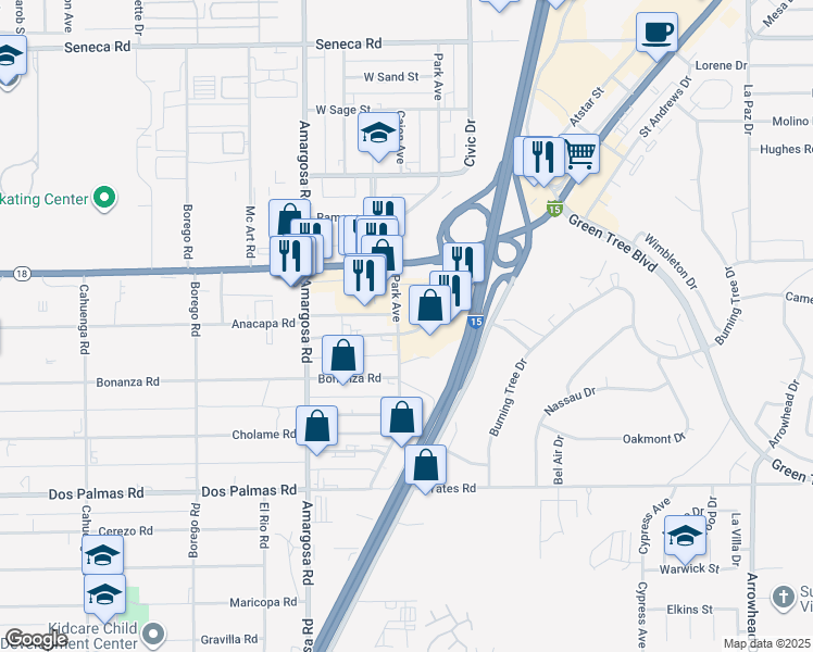 map of restaurants, bars, coffee shops, grocery stores, and more near 13993 Park Avenue in Victorville