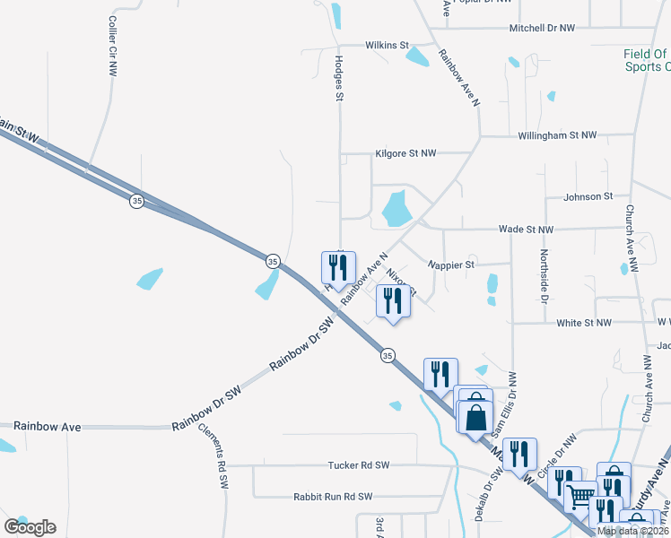 map of restaurants, bars, coffee shops, grocery stores, and more near 1018 Main Street West in Rainsville