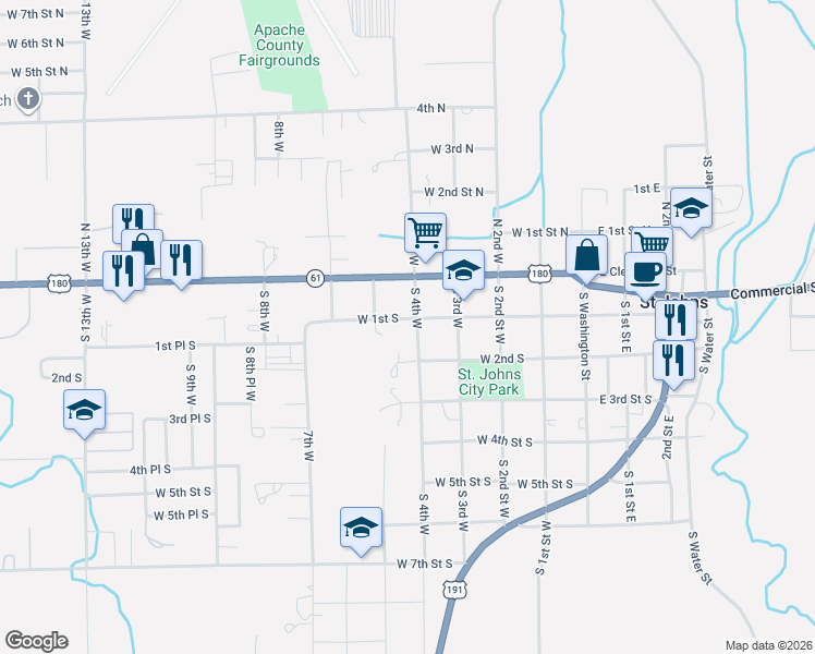 map of restaurants, bars, coffee shops, grocery stores, and more near 101-199 S 4th W in St Johns