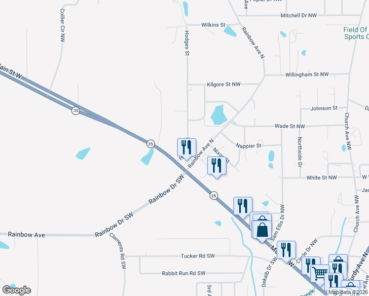 map of restaurants, bars, coffee shops, grocery stores, and more near 1018 Main Street West in Rainsville