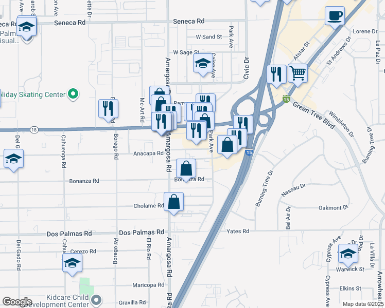 map of restaurants, bars, coffee shops, grocery stores, and more near 15346 Anacapa Road in Victorville