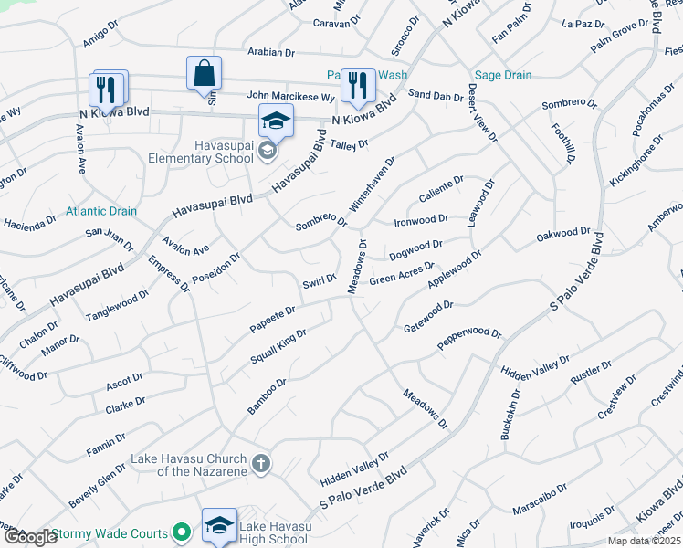 map of restaurants, bars, coffee shops, grocery stores, and more near 2870 Swirl Drive in Lake Havasu City