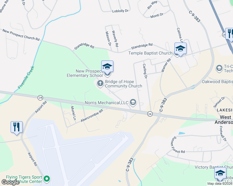 map of restaurants, bars, coffee shops, grocery stores, and more near 107 New Prospect Church Road in Anderson