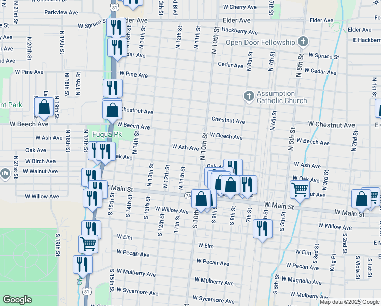 map of restaurants, bars, coffee shops, grocery stores, and more near 1013 West Oak Avenue in Duncan