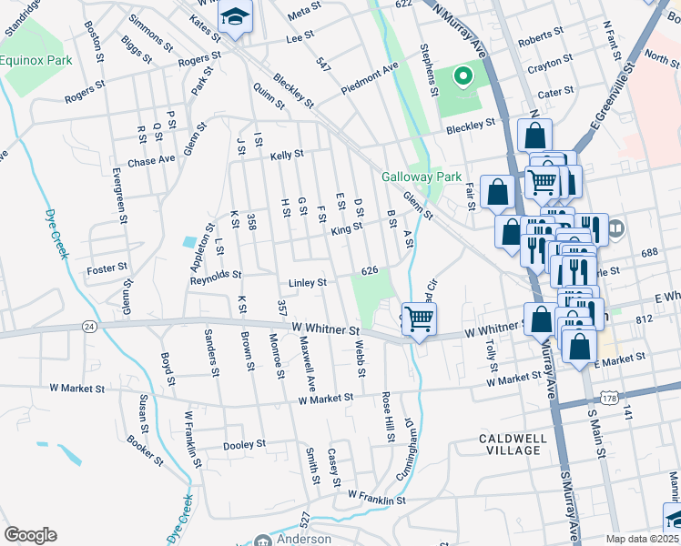 map of restaurants, bars, coffee shops, grocery stores, and more near 110 North Prevost Street in Anderson