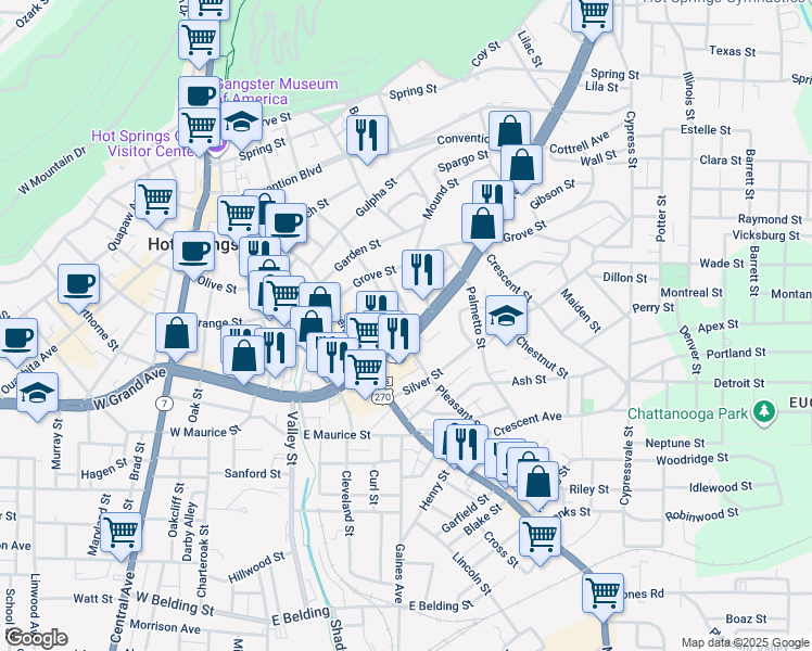 map of restaurants, bars, coffee shops, grocery stores, and more near 713 Pleasant Street in Hot Springs