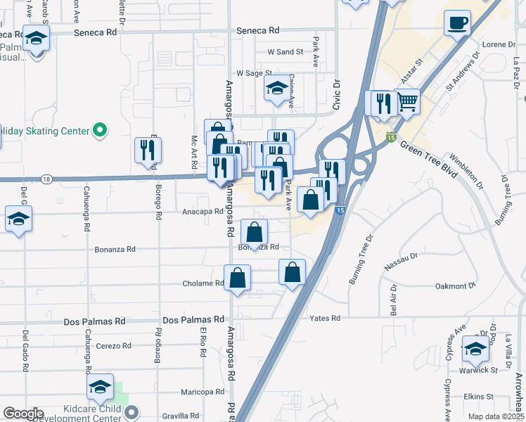 map of restaurants, bars, coffee shops, grocery stores, and more near 15346 Anacapa Road in Victorville