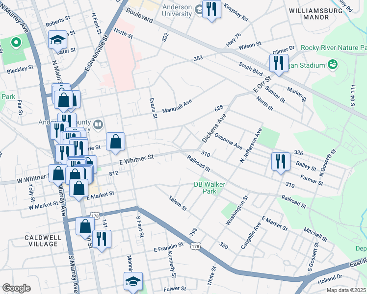 map of restaurants, bars, coffee shops, grocery stores, and more near 602 East Whitner Street in Anderson