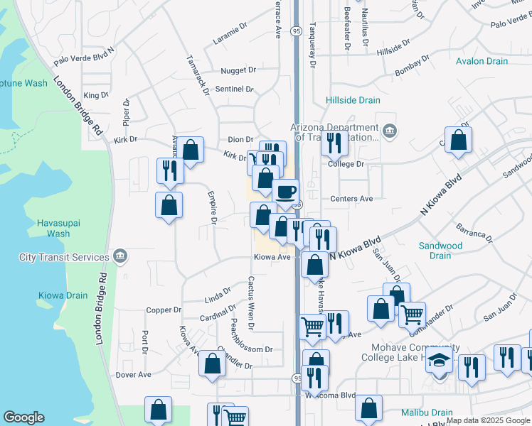 map of restaurants, bars, coffee shops, grocery stores, and more near 1799 North Kiowa Boulevard in Lake Havasu City